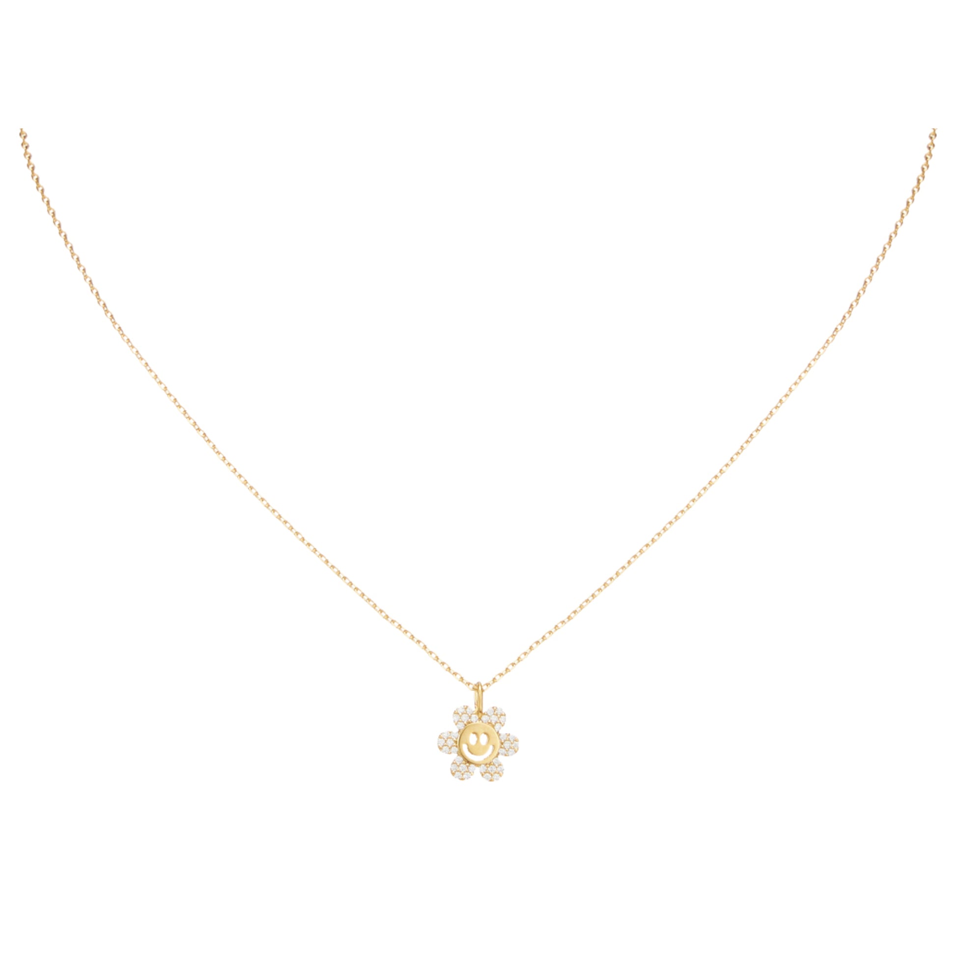 18K Gold Plated Crystal Pave and Gold Happy Face Flower Necklace