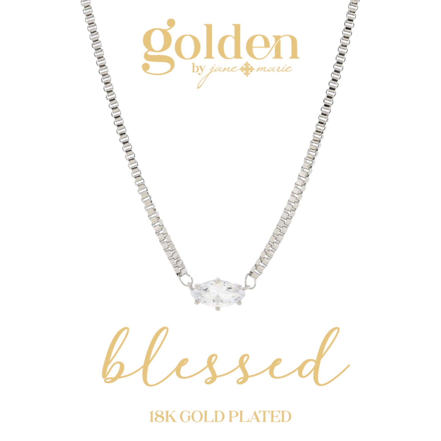16" 18K White Gold Plated Cubic Zirconia Marquis Crystal Necklace, 3" Ext
