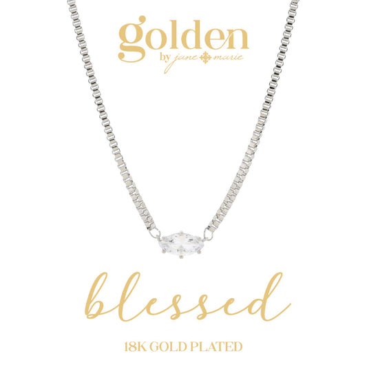 16" 18K White Gold Plated Cubic Zirconia Marquis Crystal Necklace, 3" Ext