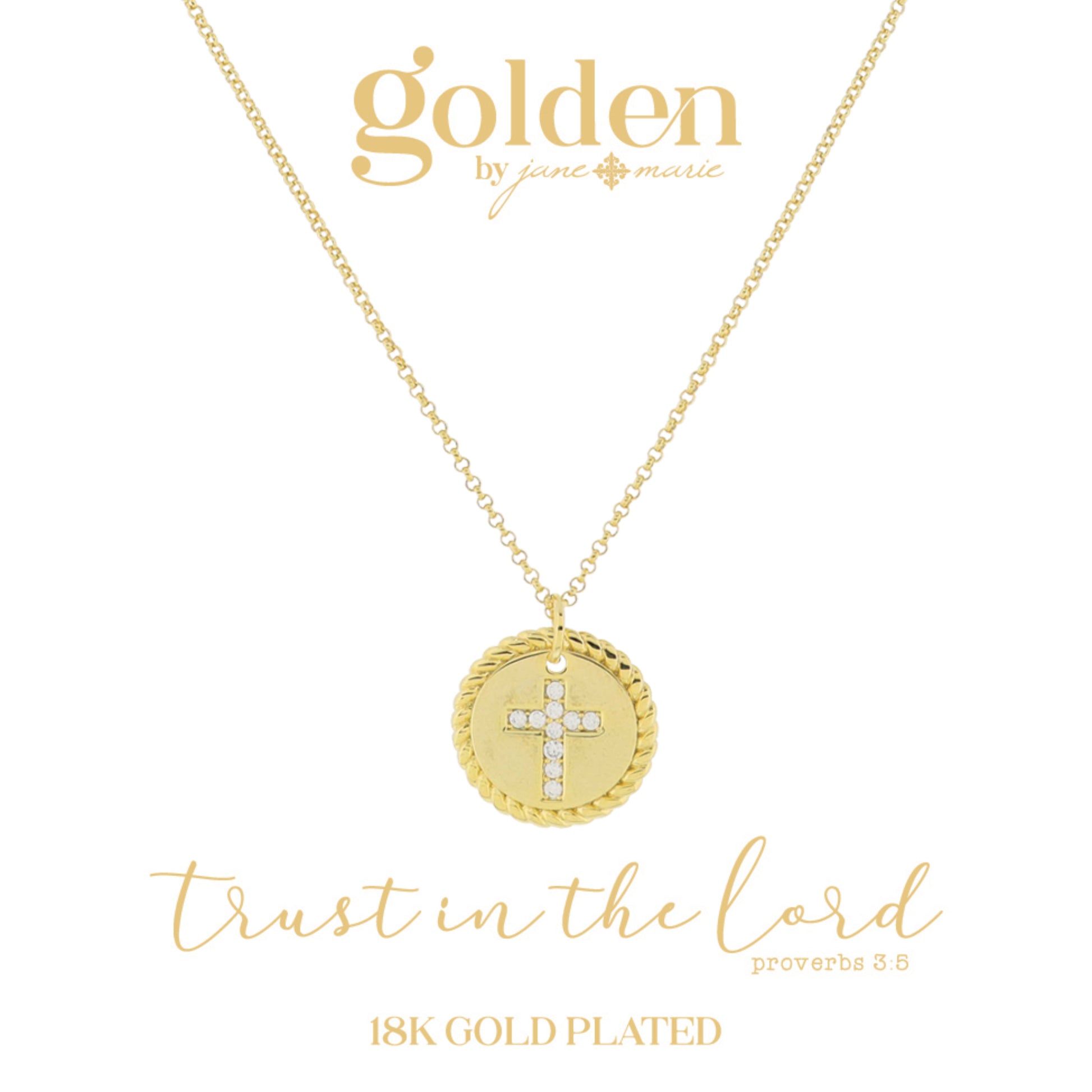 16" 18K Gold Plated Twist Edge Disc with Mini Crystal Cross Center Necklace, 3" Ext