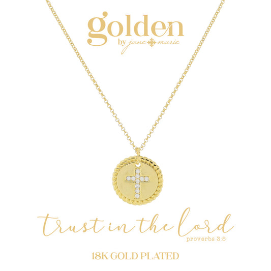 16" 18K Gold Plated Twist Edge Disc with Mini Crystal Cross Center Necklace, 3" Ext