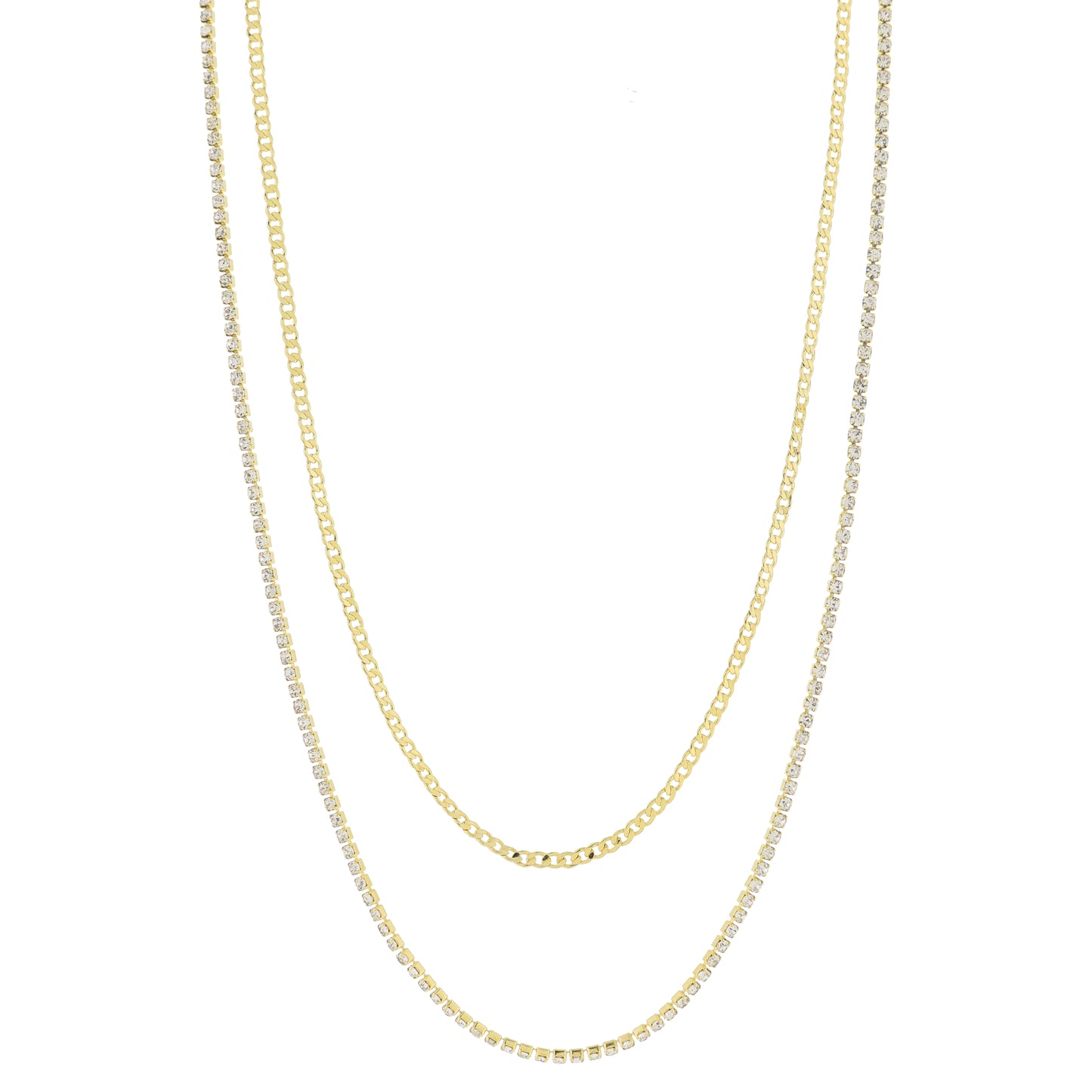 16", 18" 18K Gold Plated Dainty 2 Strand, Flat Curb Chain, Mini Crystal Strand Necklace, 3" Ext