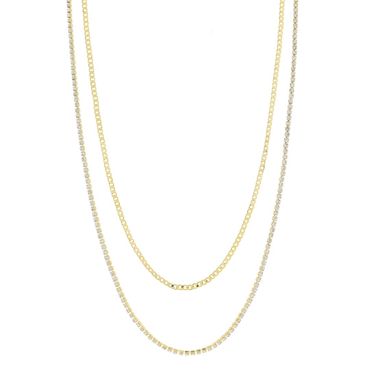 16", 18" 18K Gold Plated Dainty 2 Strand, Flat Curb Chain, Mini Crystal Strand Necklace, 3" Ext