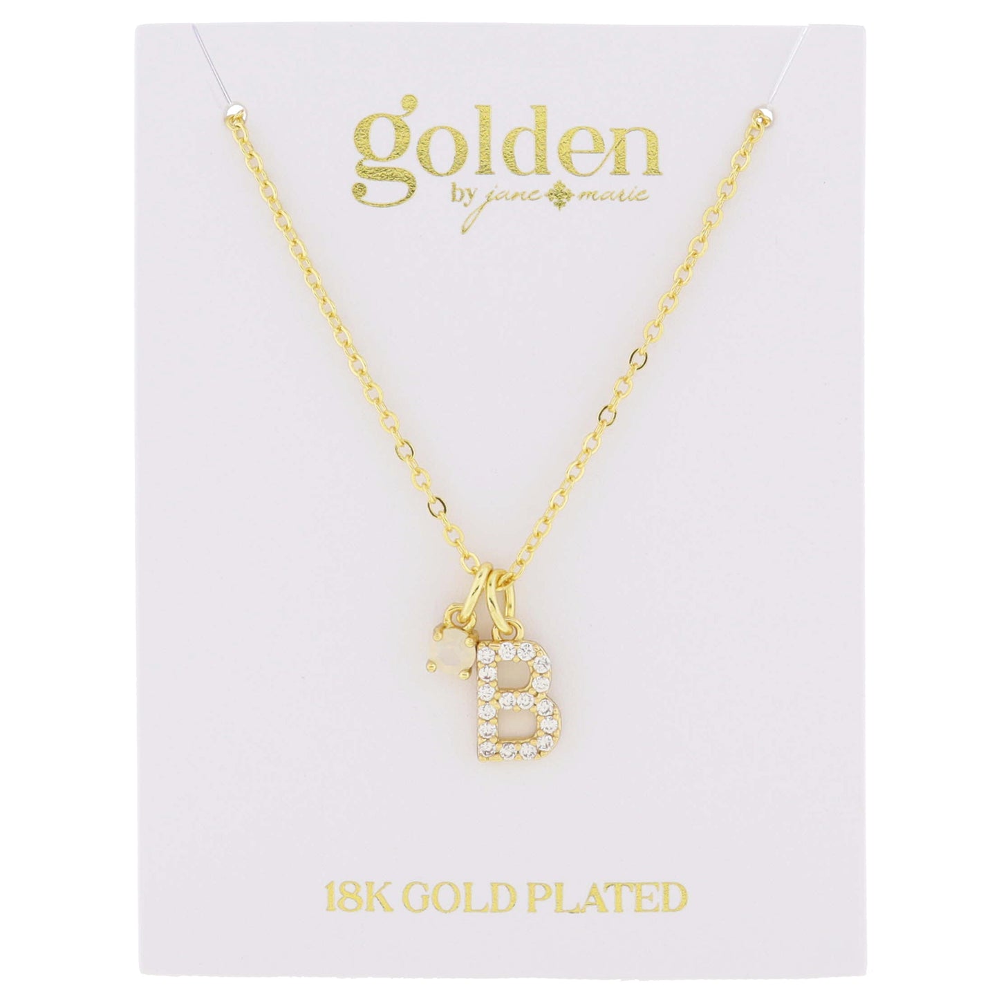 16" 18K Gold Plated Opal & Cubic Zirconia Crystal Pave "B" Initial Charm Cluster Necklace, 3" Ext