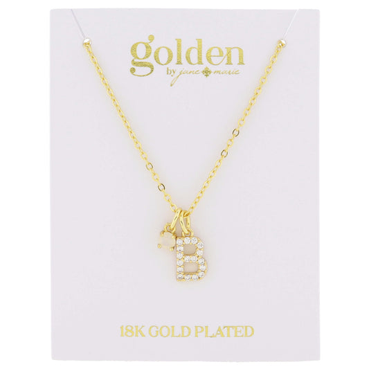 16" 18K Gold Plated Opal & Cubic Zirconia Crystal Pave "B" Initial Charm Cluster Necklace, 3" Ext