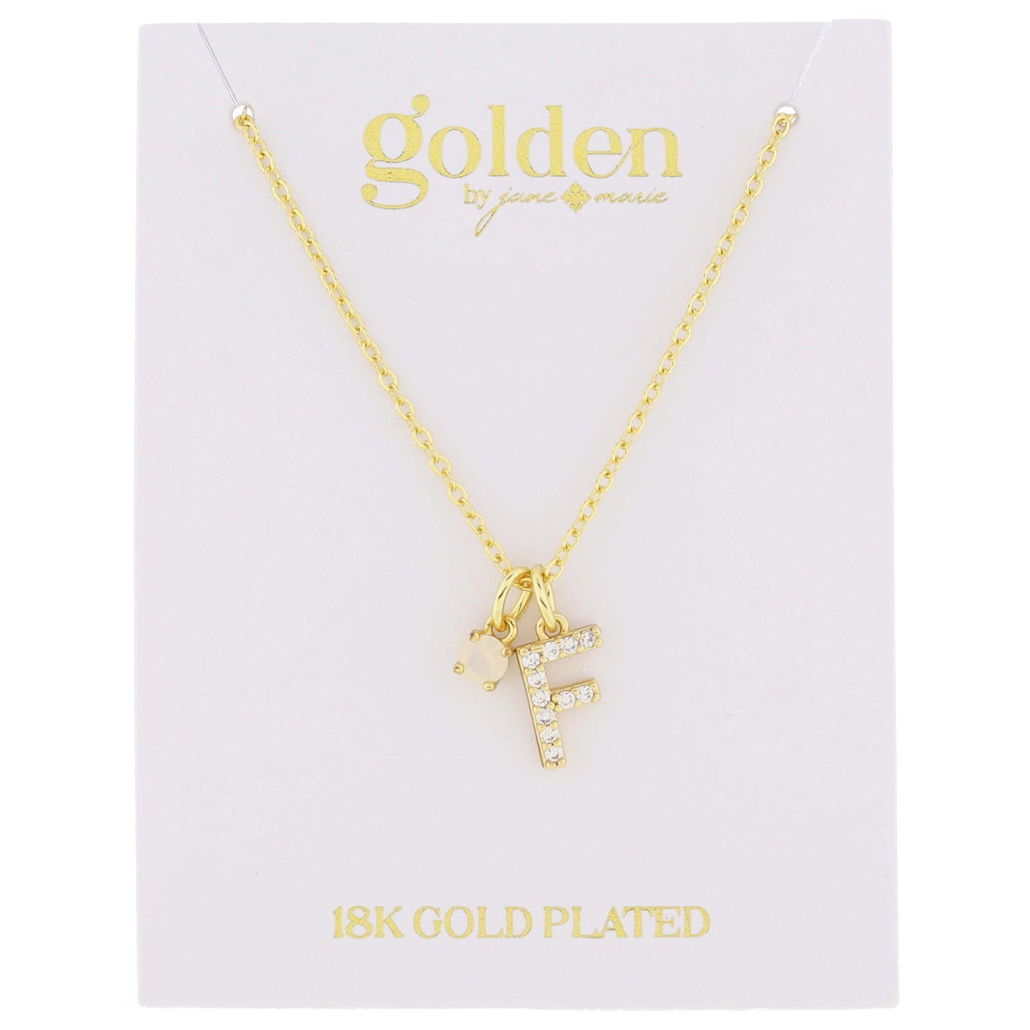 16" 18K Gold Plated Opal & Cubic Zirconia Crystal Pave "F" Initial Charm Cluster Necklace, 3" Ext
