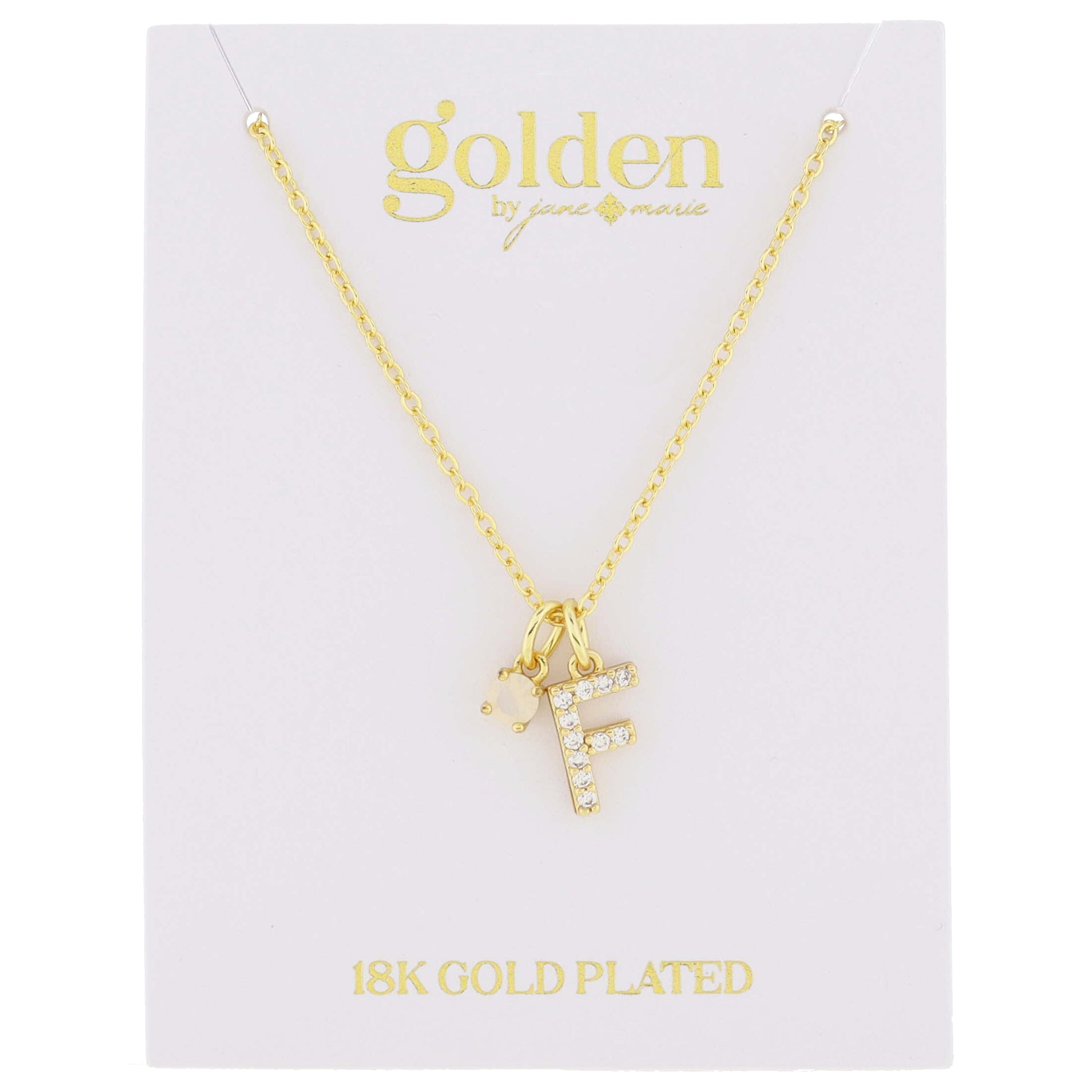16" 18K Gold Plated Opal & Cubic Zirconia Crystal Pave "F" Initial Charm Cluster Necklace, 3" Ext