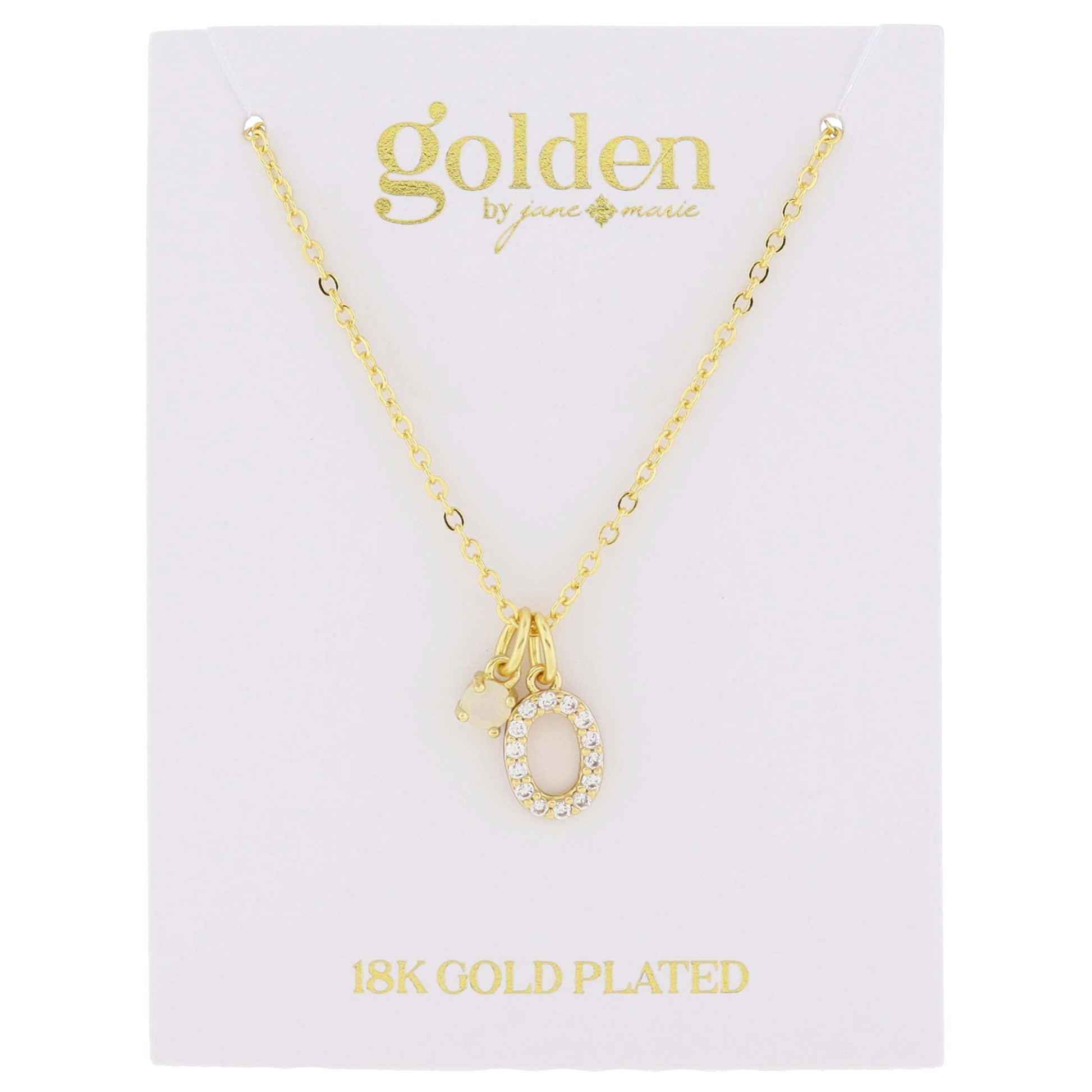 16" 18K Gold Plated Opal & Cubic Zirconia Crystal Pave "O" Initial Charm Cluster Necklace, 3" Ext