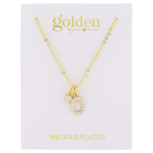 16" 18K Gold Plated Opal & Cubic Zirconia Crystal Pave "O" Initial Charm Cluster Necklace, 3" Ext
