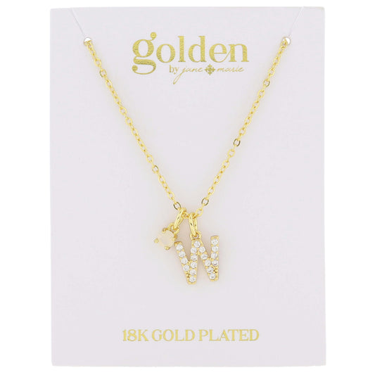 16" 18K Gold Plated Opal & Cubic Zirconia Crystal Pave "W" Initial Charm Cluster Necklace, 3" Ext