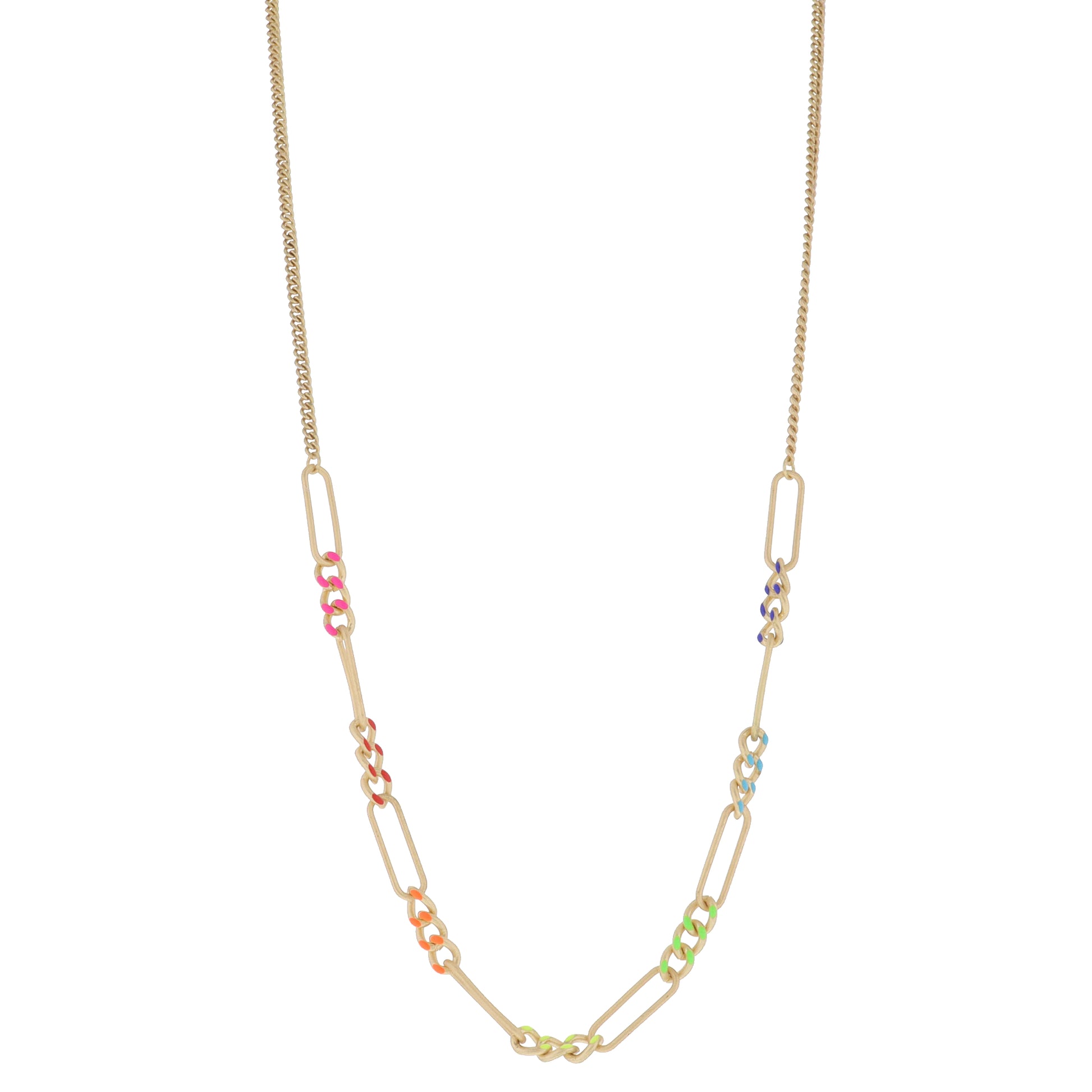 Classic Colorblock Enamel Curb Chain Portions with Large Gold Paperclip Links Necklace, 3" Ext