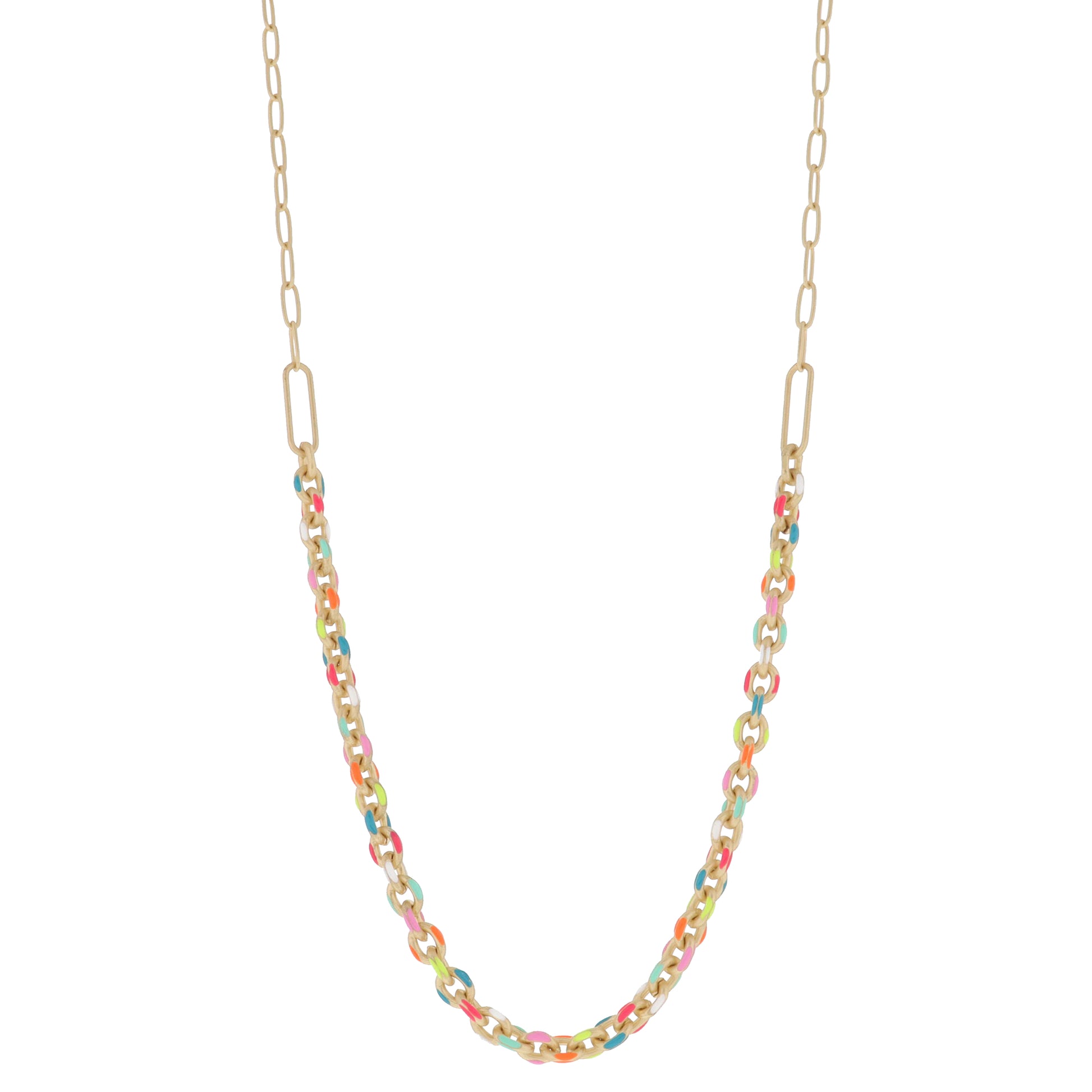 Fun Neon Multi Enamel Cable Chain with Large Gold Paperclip Links Necklace, 3" Ext