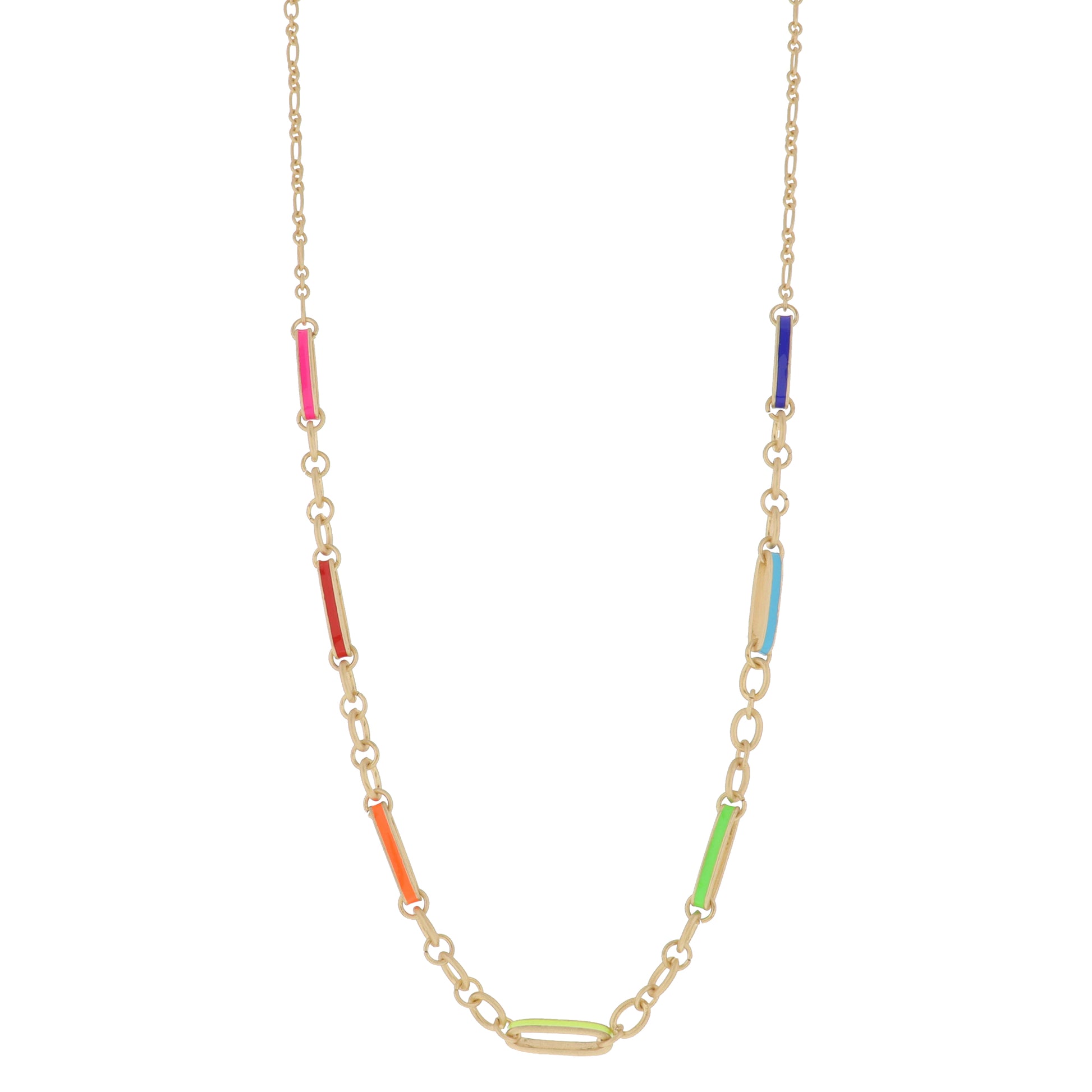 Large Multi Colorblock Enamel Paperclip Links with Gold Chain Portions Between Necklace, 3" Ext