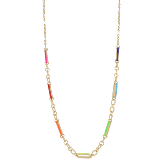 Large Multi Colorblock Enamel Paperclip Links with Gold Chain Portions Between Necklace, 3" Ext