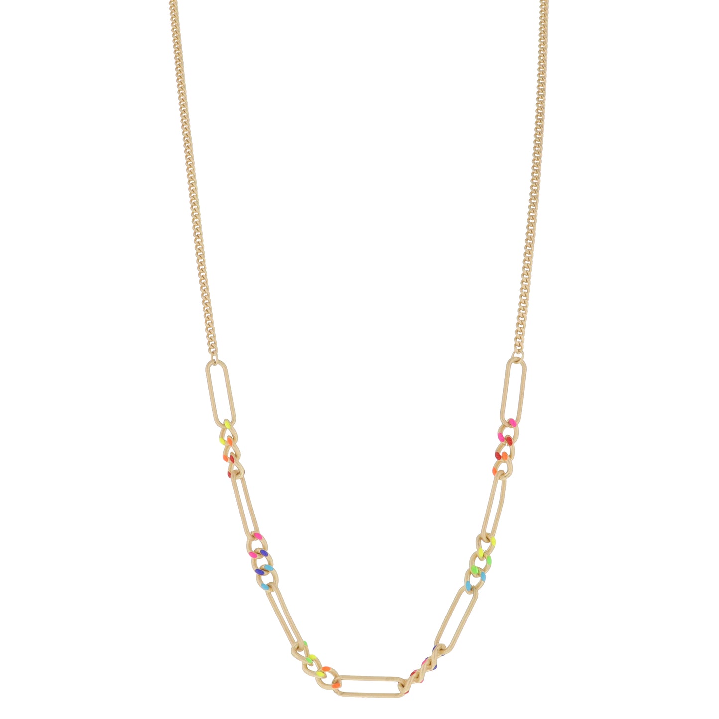 Classic Enamel Curb Chain Portions with Alternating Large Gold Paperclip Links Necklace, 3" Ext