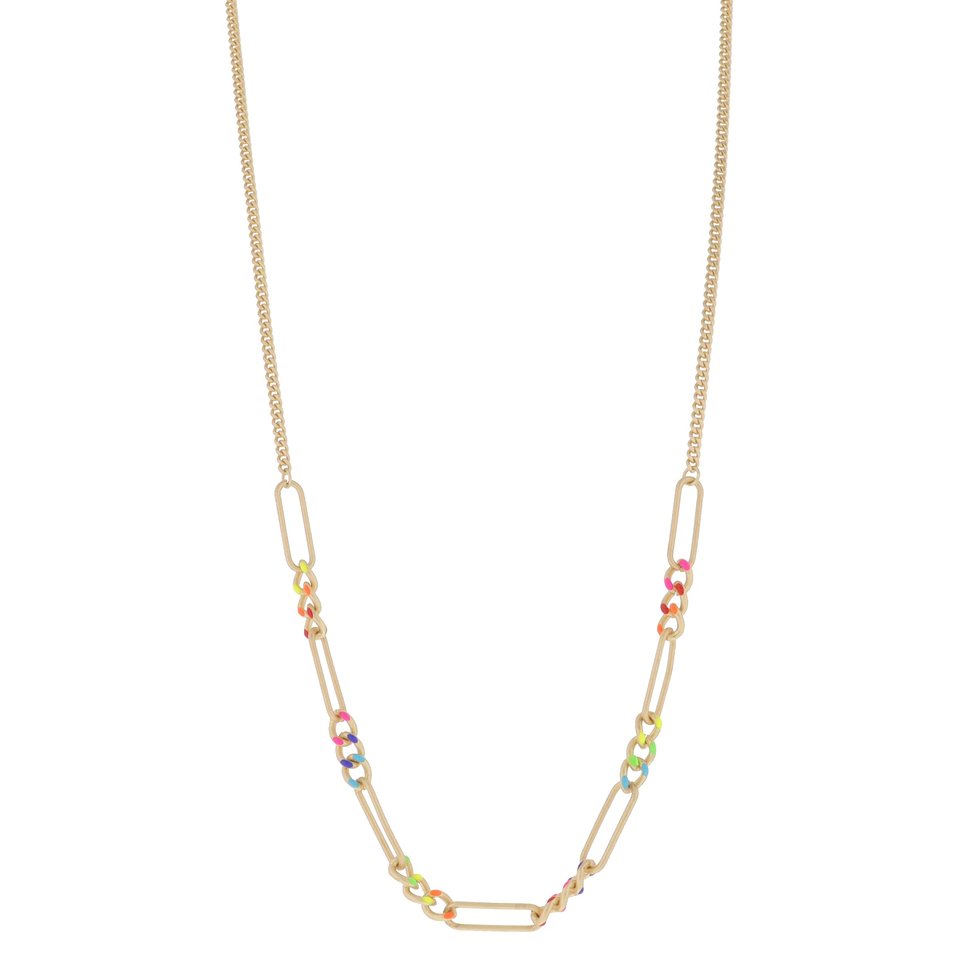 Classic Enamel Curb Chain Portions with Alternating Large Gold Paperclip Links Necklace, 3" Ext