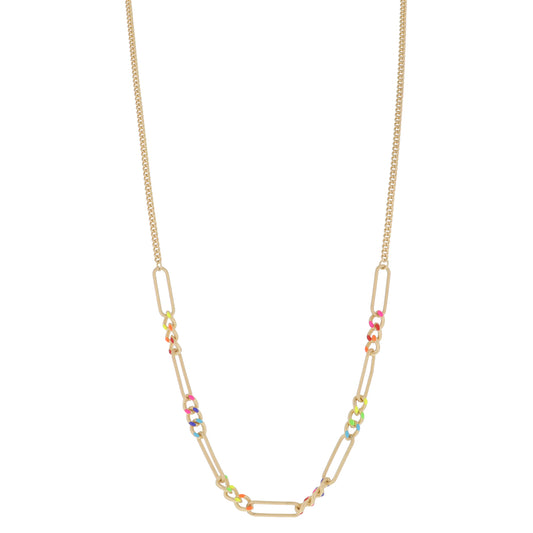 Classic Enamel Curb Chain Portions with Alternating Large Gold Paperclip Links Necklace, 3" Ext