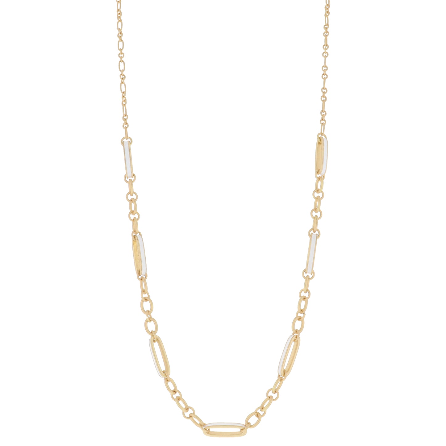 Large White Enamel Paperclip Links with Gold Chain Portions Between Necklace, 3" Ext