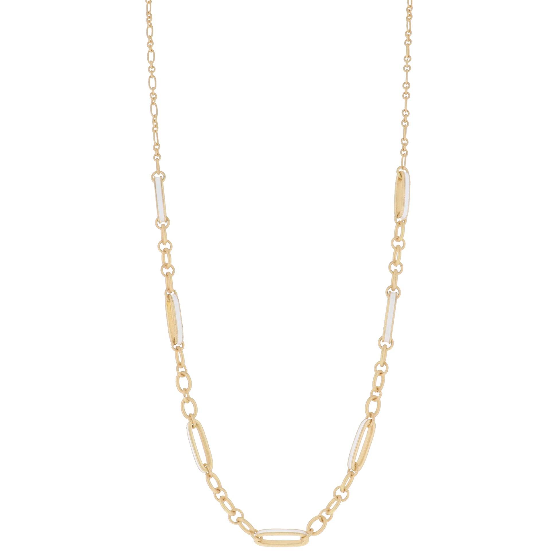 Large White Enamel Paperclip Links with Gold Chain Portions Between Necklace, 3" Ext