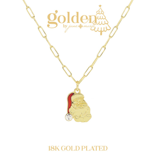 18K Gold Plated Santa Head with Glossy Red Enamel and Crystal Hat Necklace, 3" Ext