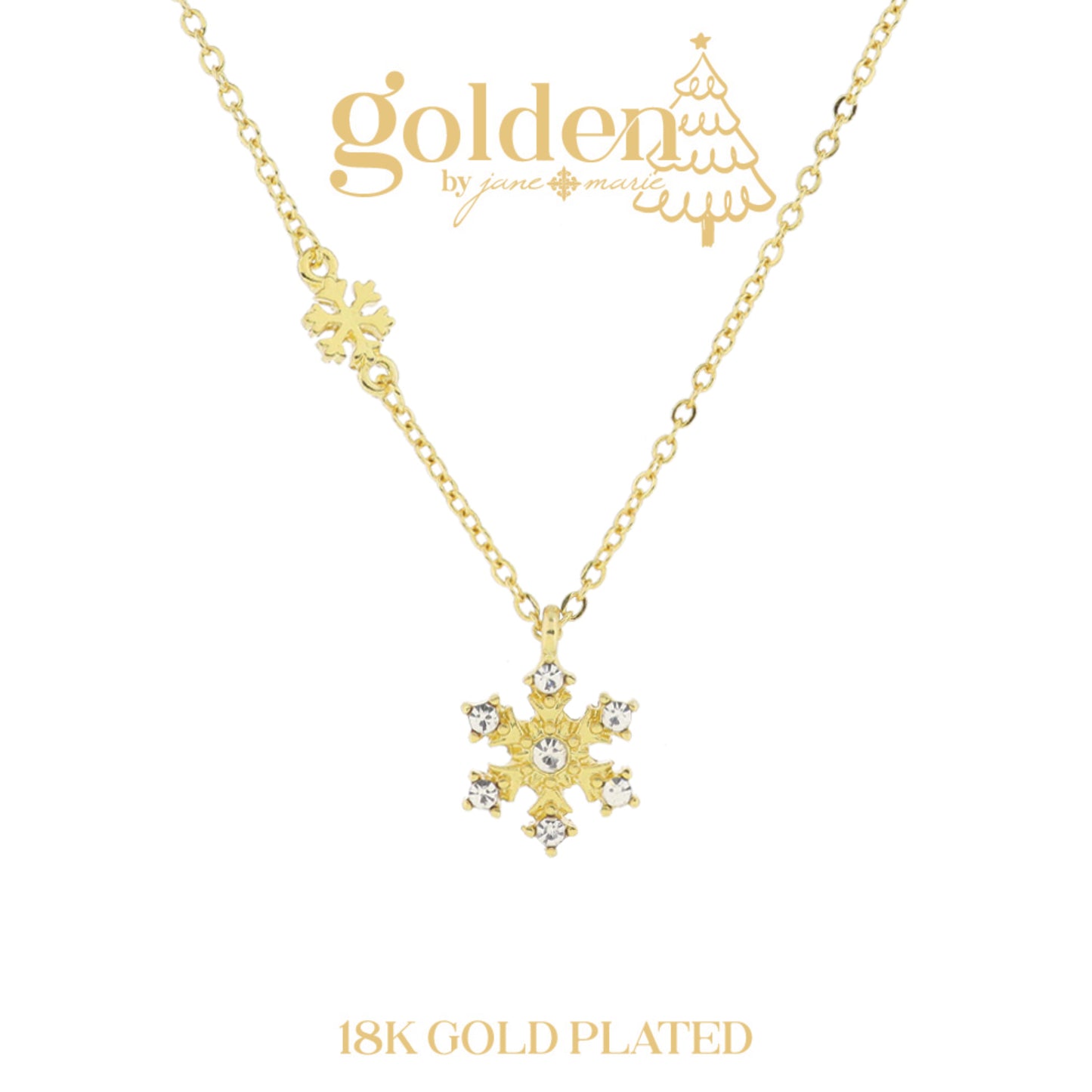 18K Gold Plated Clear Crystal Snowflake with Mini Snowflake Accent in Chain Necklace, 3" Ext