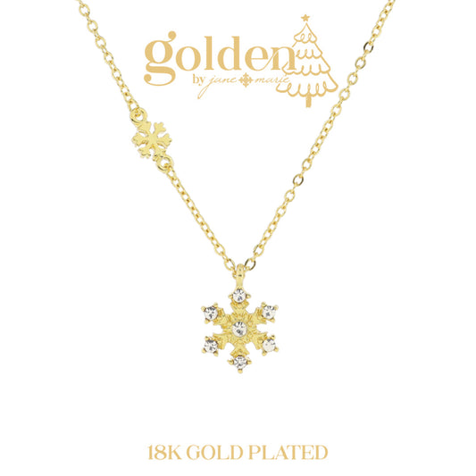 18K Gold Plated Clear Crystal Snowflake with Mini Snowflake Accent in Chain Necklace, 3" Ext