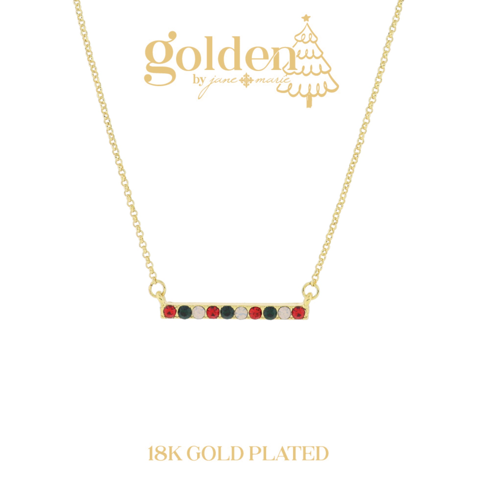 18K Gold Plated Red, Green, Moonstone Multi Crystal Bar Necklace, 3" Ext