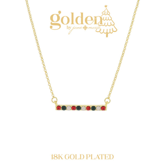 18K Gold Plated Red, Green, Moonstone Multi Crystal Bar Necklace, 3" Ext