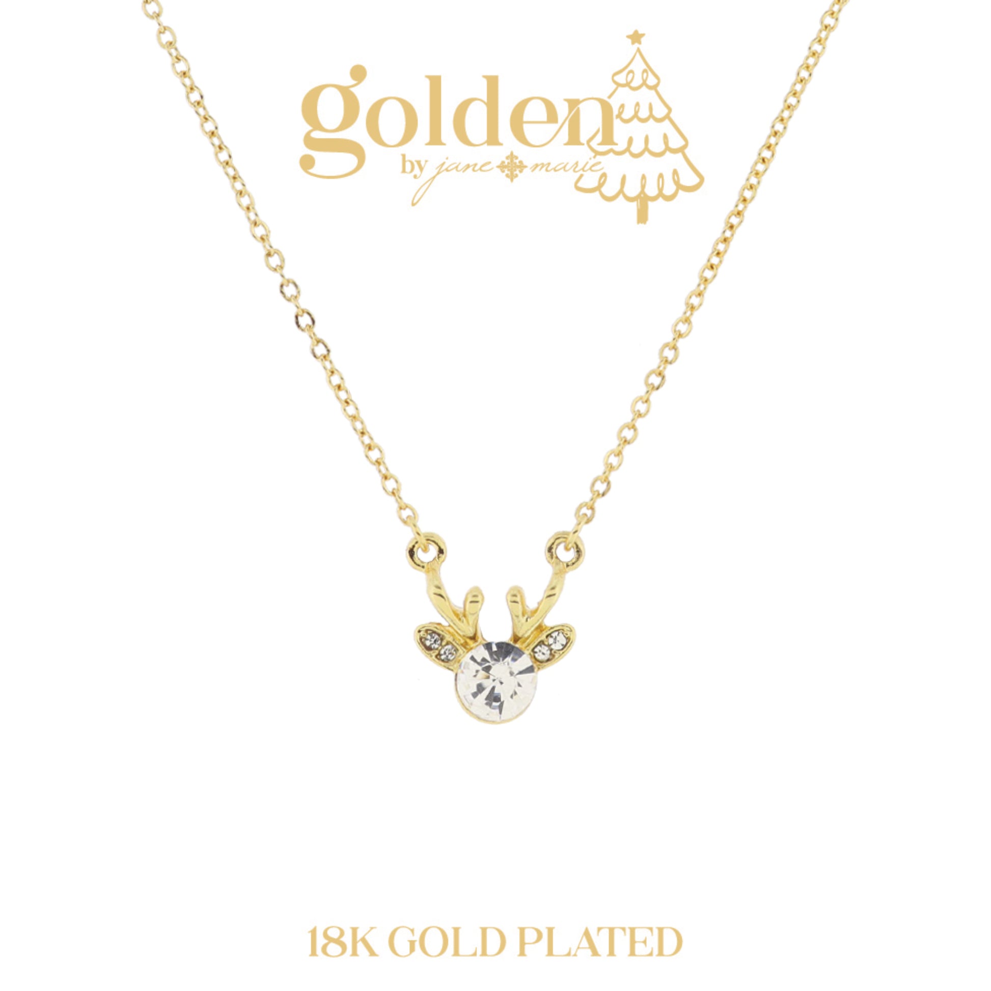 18K Gold Plated Clear Crystal Reindeer Head Necklace, 3" Ext