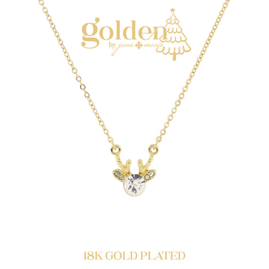 18K Gold Plated Clear Crystal Reindeer Head Necklace, 3" Ext