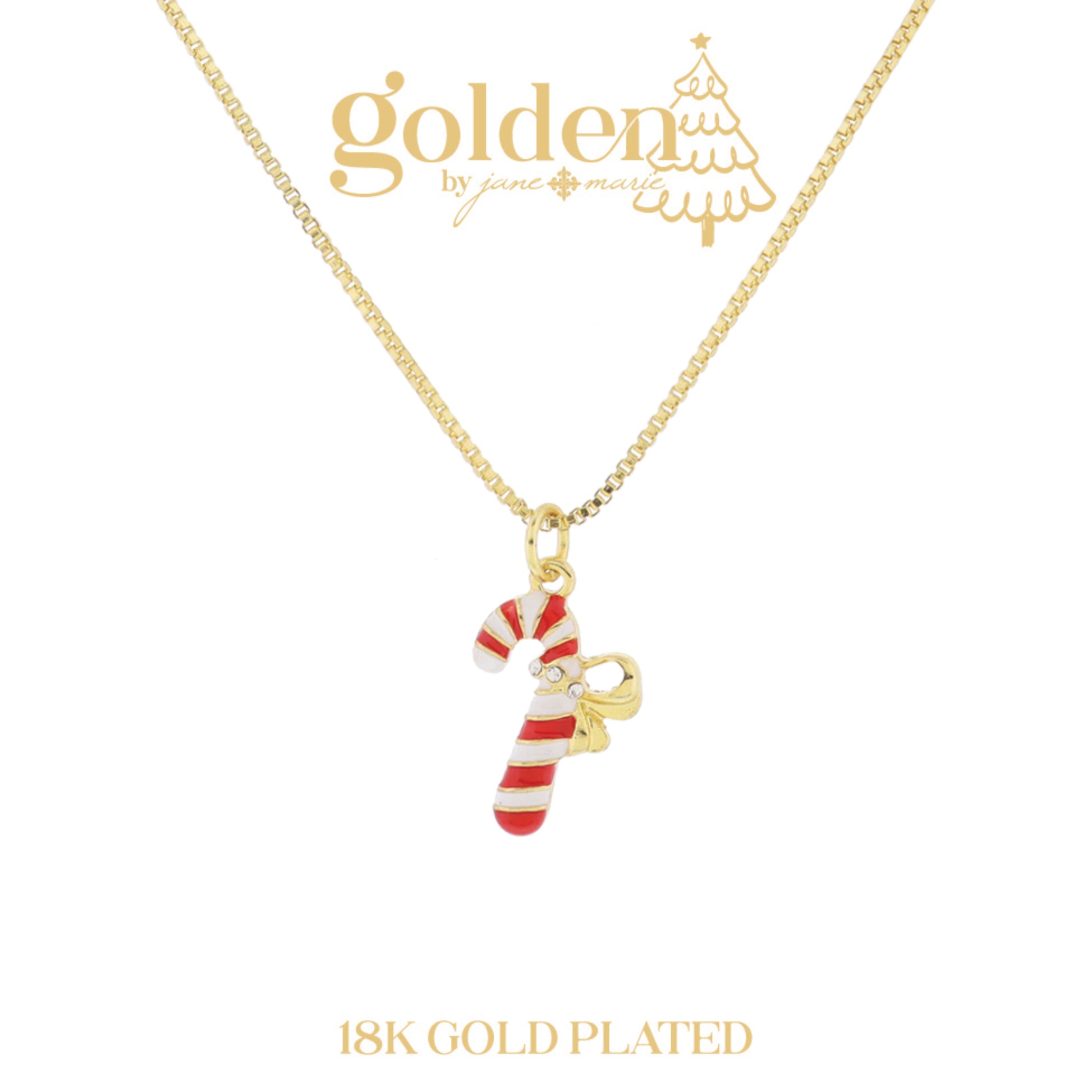 18K Gold Plated Red and White Enamel Candy Cane with Mini Crystal and Gold Bow Necklace, 3" Ext