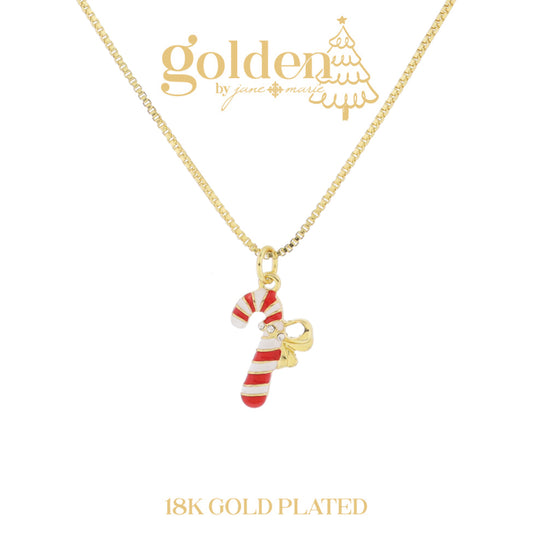 18K Gold Plated Red and White Enamel Candy Cane with Mini Crystal and Gold Bow Necklace, 3" Ext