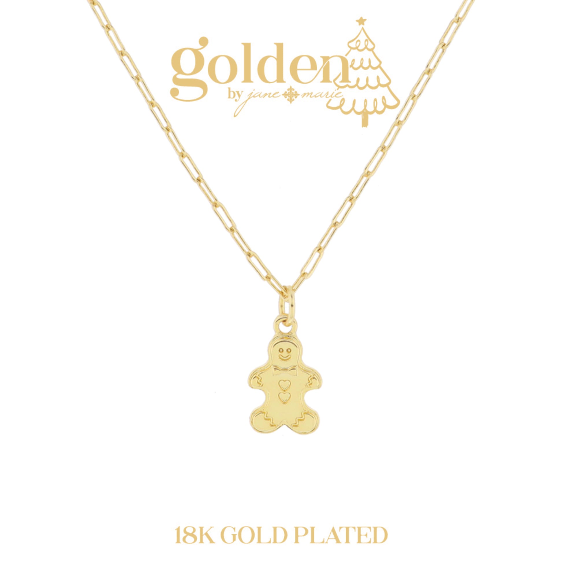 18K Gold Plated Gingerbread Cookie Necklace, 3" Ext