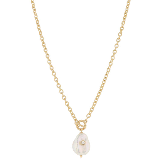 Mini Gold Twist Toggle and Natural Teardrop Coin Pearl with Clear Crystal, Necklace, .85" Penant