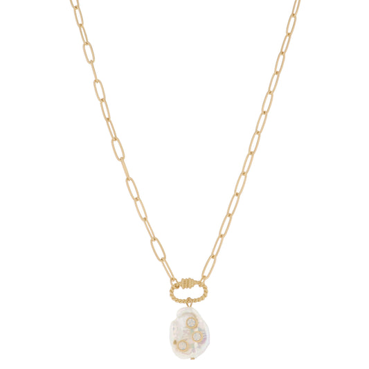 Gold Twist Carabiner & Natural Irregular Coin Pearl with Moonstone Crystals Necklace, .75" Penant