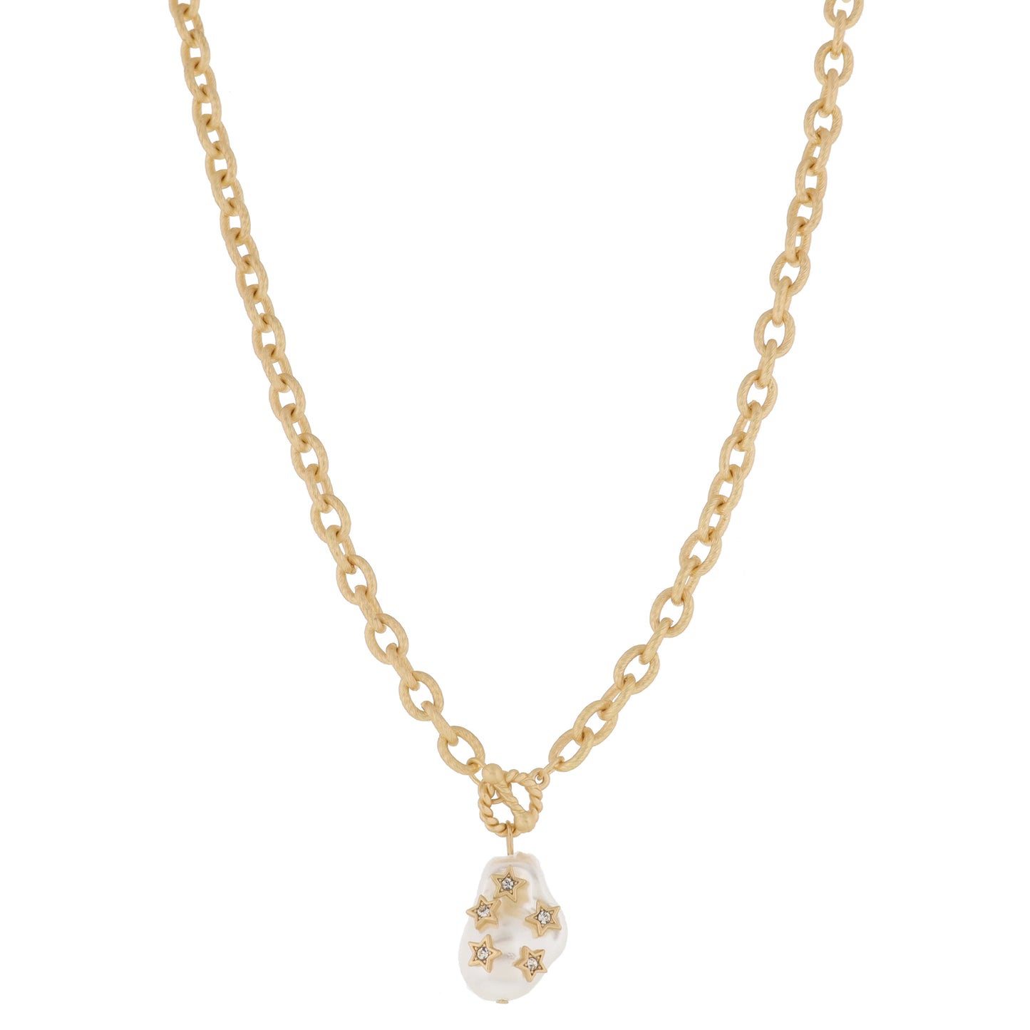 Mini Gold Twist Toggle & Natural Baroque Pearl with Gold & Crystal Stars Necklace, .85" Penant