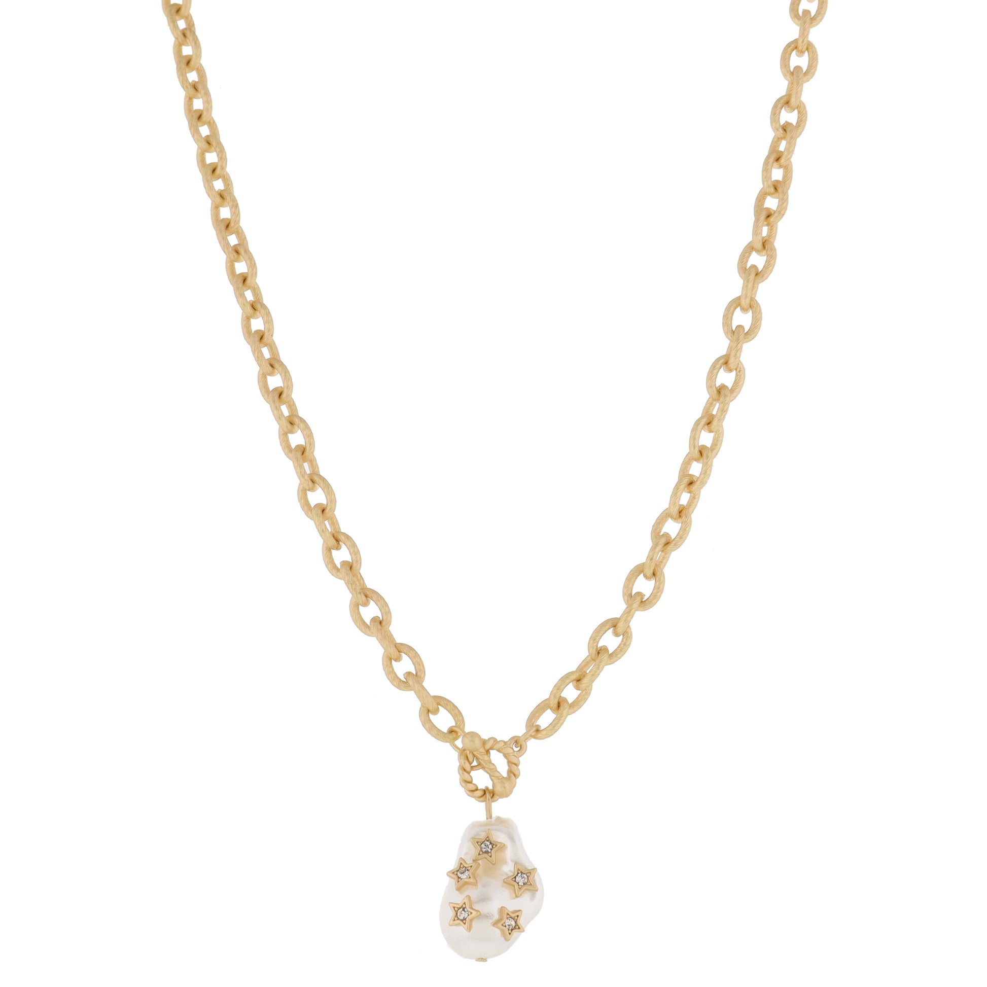 Mini Gold Twist Toggle & Natural Baroque Pearl with Gold & Crystal Stars Necklace, .85" Penant