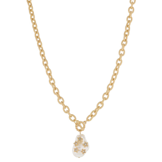 Mini Gold Twist Toggle & Natural Baroque Pearl with Gold & Crystal Stars Necklace, .85" Penant