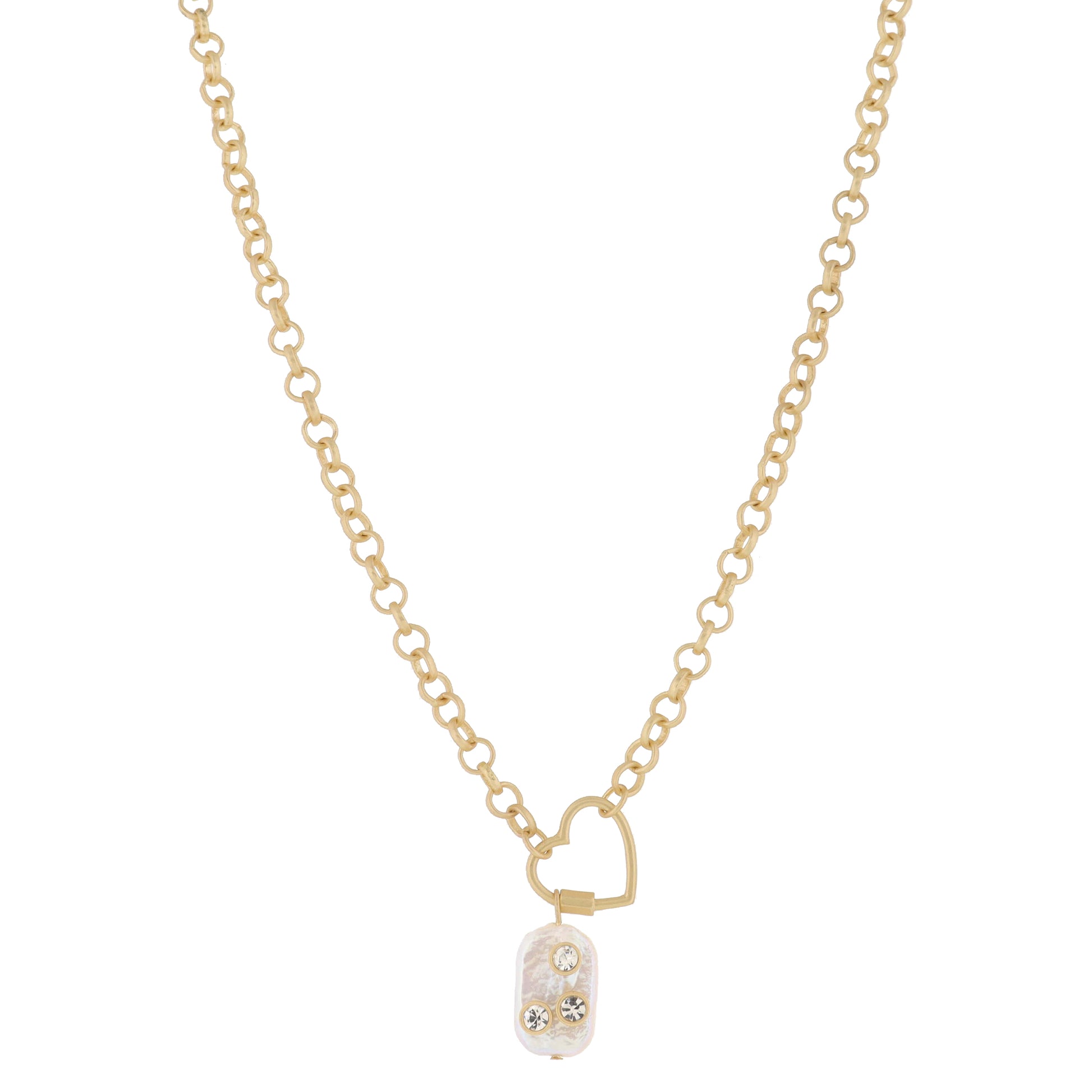 Gold Heart Toggle and Natural Rectangular Pearl with Clear Crystals, Necklace, .65" Penant