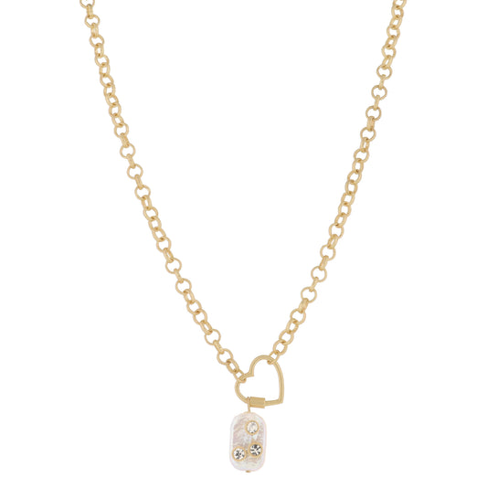 Gold Heart Toggle and Natural Rectangular Pearl with Clear Crystals, Necklace, .65" Penant