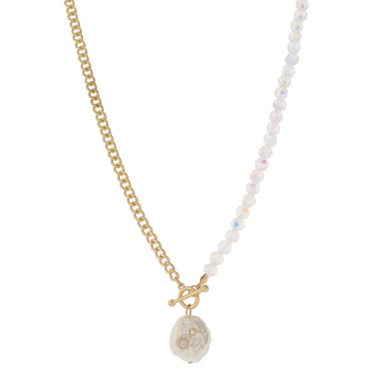 Gold Ball Bar Toggle & Natural Irregular Coin Pearl with Crystal & Moonstone Necklace, .75" Penant