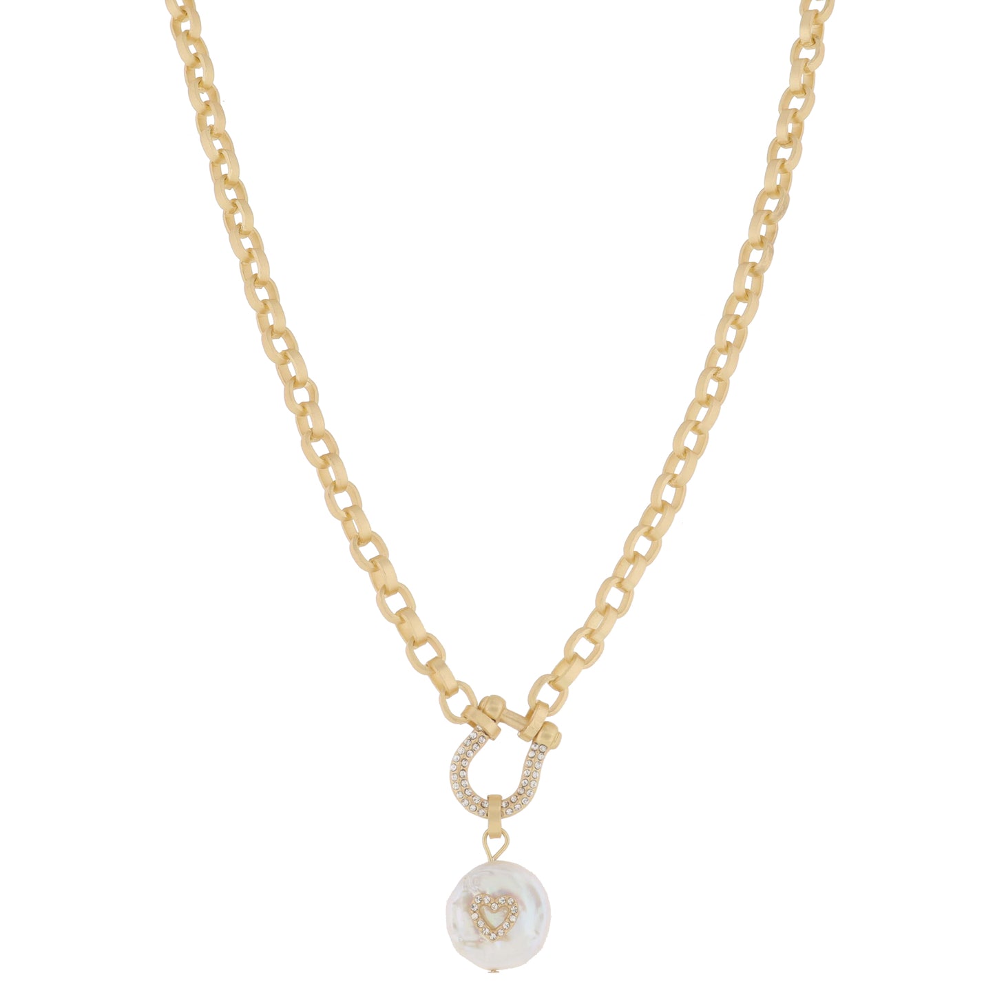 Crystal Pave Horseshoe Carabiner & Natural Coin Pearl with Pave Crystal Heart Necklace, .65" Penant