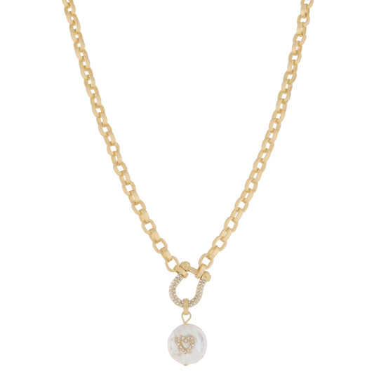 Crystal Pave Horseshoe Carabiner & Natural Coin Pearl with Pave Crystal Heart Necklace, .65" Penant