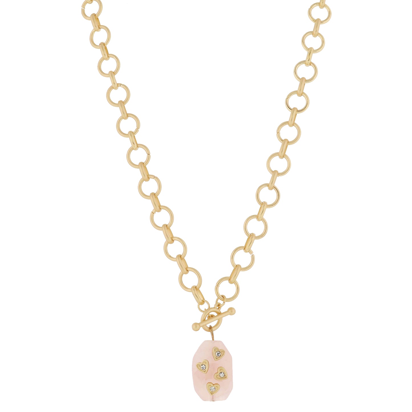 Gold Ball Bar Toggle & Faceted Rose Quartz Stone with Gold & Crystal Hearts Necklace, .85" Penant