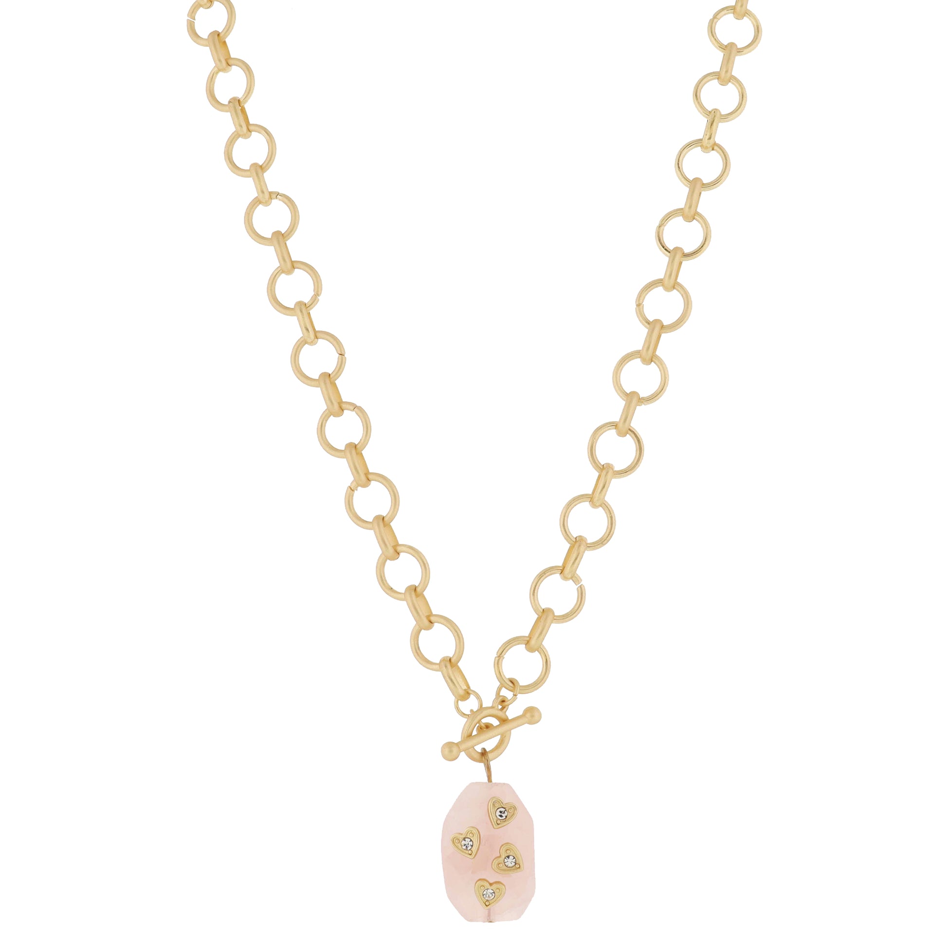 Gold Ball Bar Toggle & Faceted Rose Quartz Stone with Gold & Crystal Hearts Necklace, .85" Penant