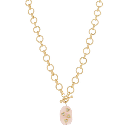 Gold Ball Bar Toggle & Faceted Rose Quartz Stone with Gold & Crystal Hearts Necklace, .85" Penant