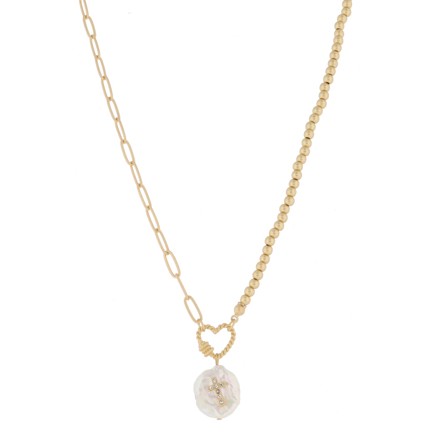 Gold Twist Heart Carabiner and Natural Coin Pearl with Mini Crystal Cross, Necklace, .75" Penant