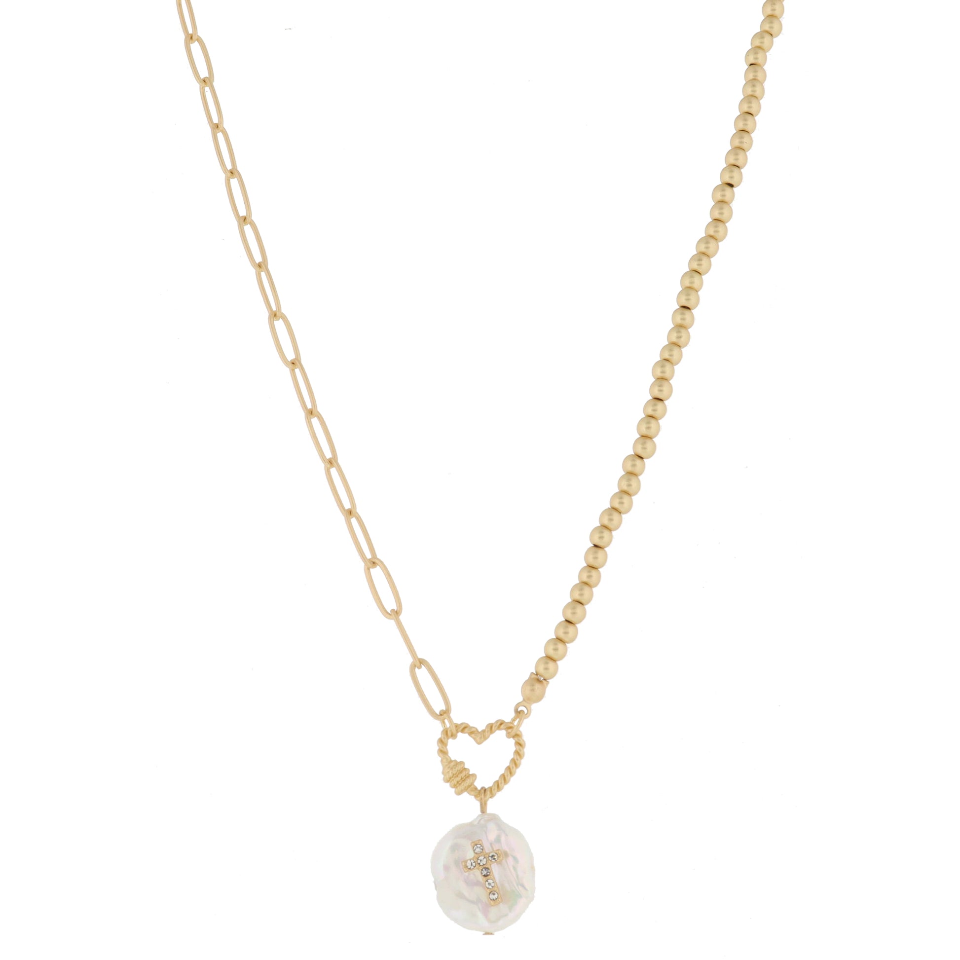 Gold Twist Heart Carabiner and Natural Coin Pearl with Mini Crystal Cross, Necklace, .75" Penant