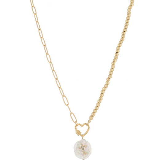Gold Twist Heart Carabiner and Natural Coin Pearl with Mini Crystal Cross, Necklace, .75" Penant