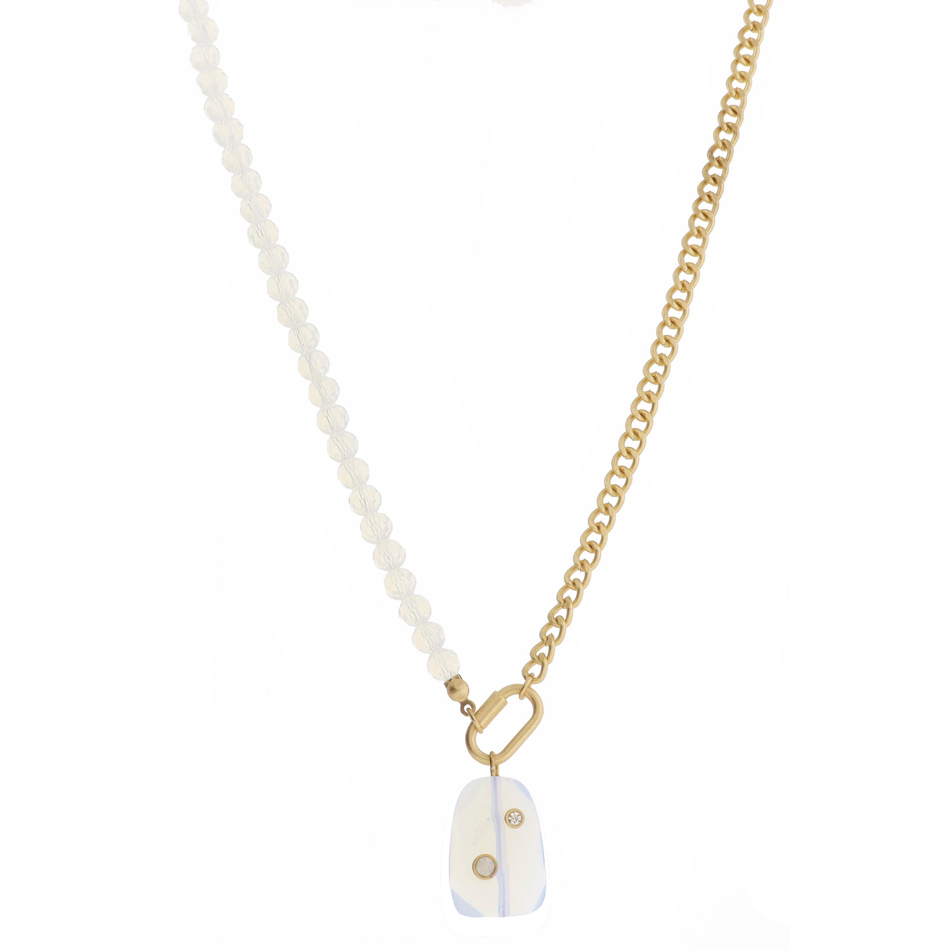 Gold Carabiner and Faceted Opalite Stone with Mini Crystal and Moonstone, Necklace, .85" Penant